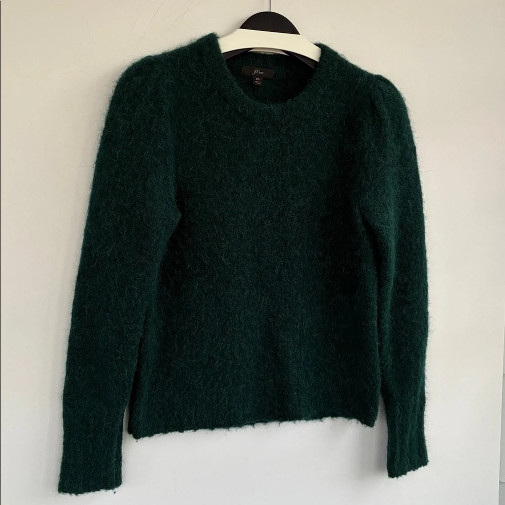 J. Crew Puff Sleeve Fuzzy Crewneck Sweater In Old Forest Alpaca Merino Blend XS